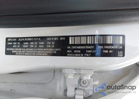 2019 Alfa Romeo Giulia Ti Sport Rwd z USA, uszkodzony, nr VIN ZARFAMBN5K7604070